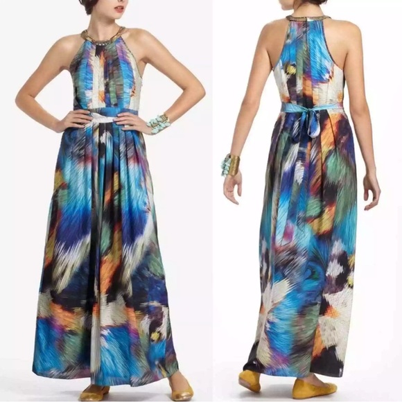 Ranna Gill Beaded Neck Rainbow Abstract Print Maxi Dress Sz M - Picture 2 of 11